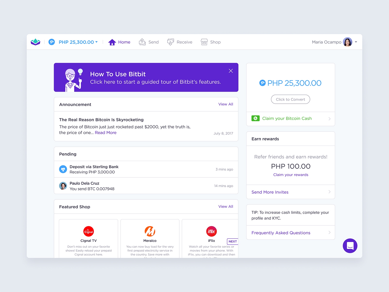 Bitbit Cash - Web app Dashboard page